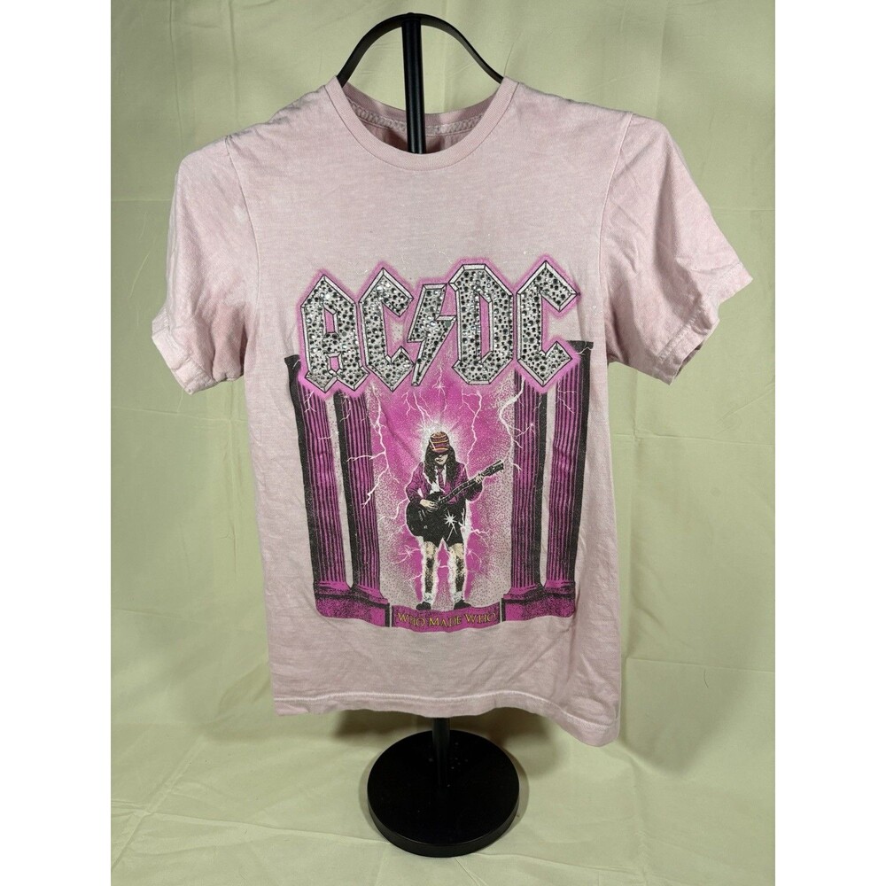AC/DC T-Shirt Women Size Xs Pink Blush Rhinestone Rock Band Concert Graphic Tee